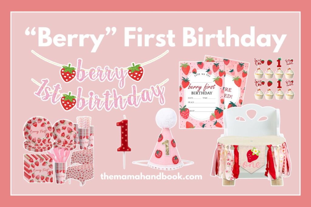 a berry first birthday party collage