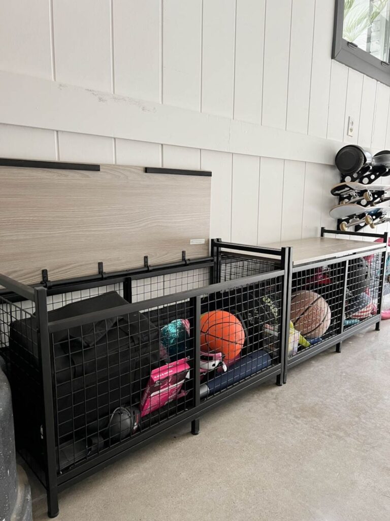 outdoor storage benches in the garage
