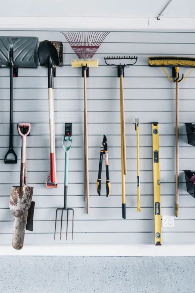 garage vertical organization for shovels, brooms, rakes, and more