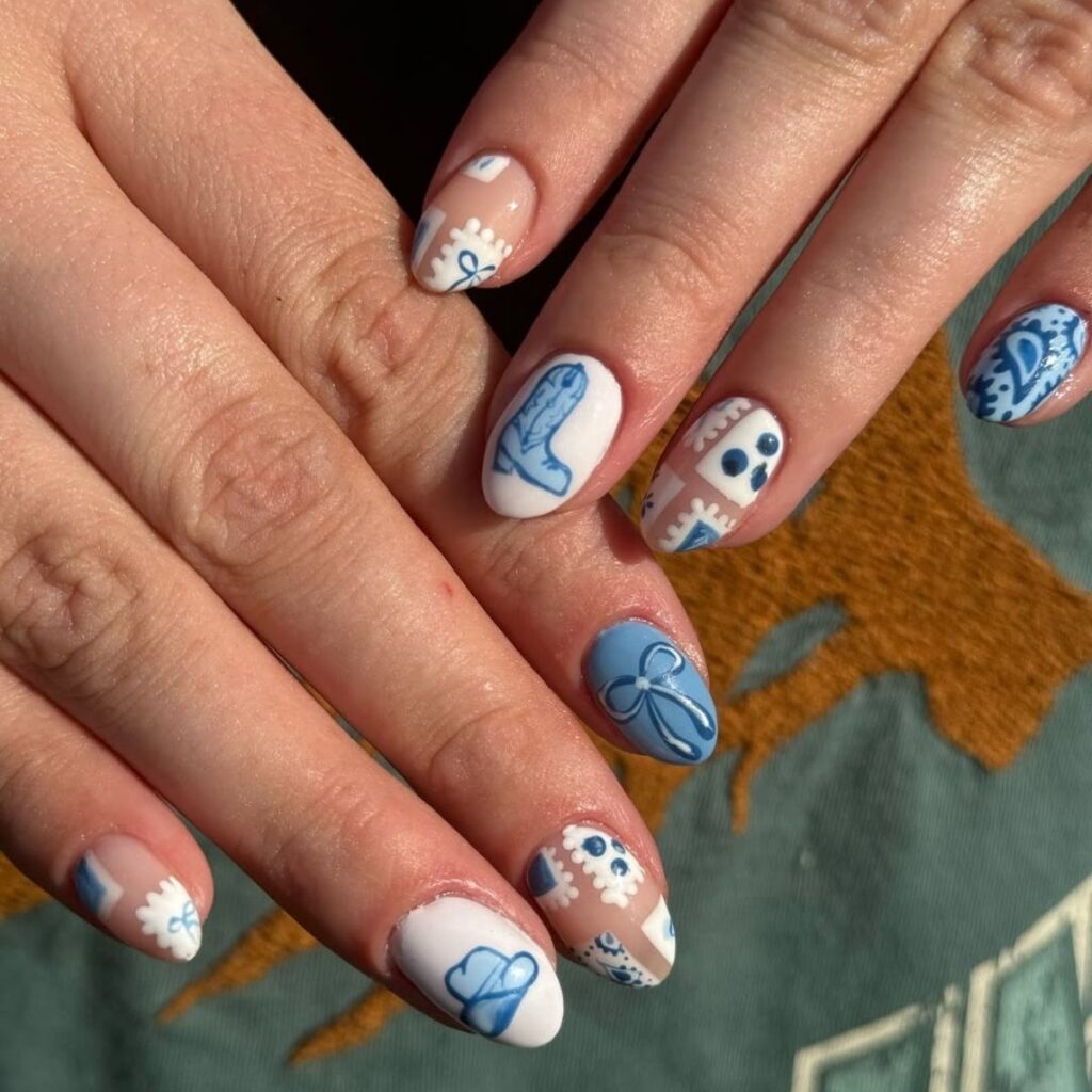 Blue and White Grandmillennial Inspired Western Nails