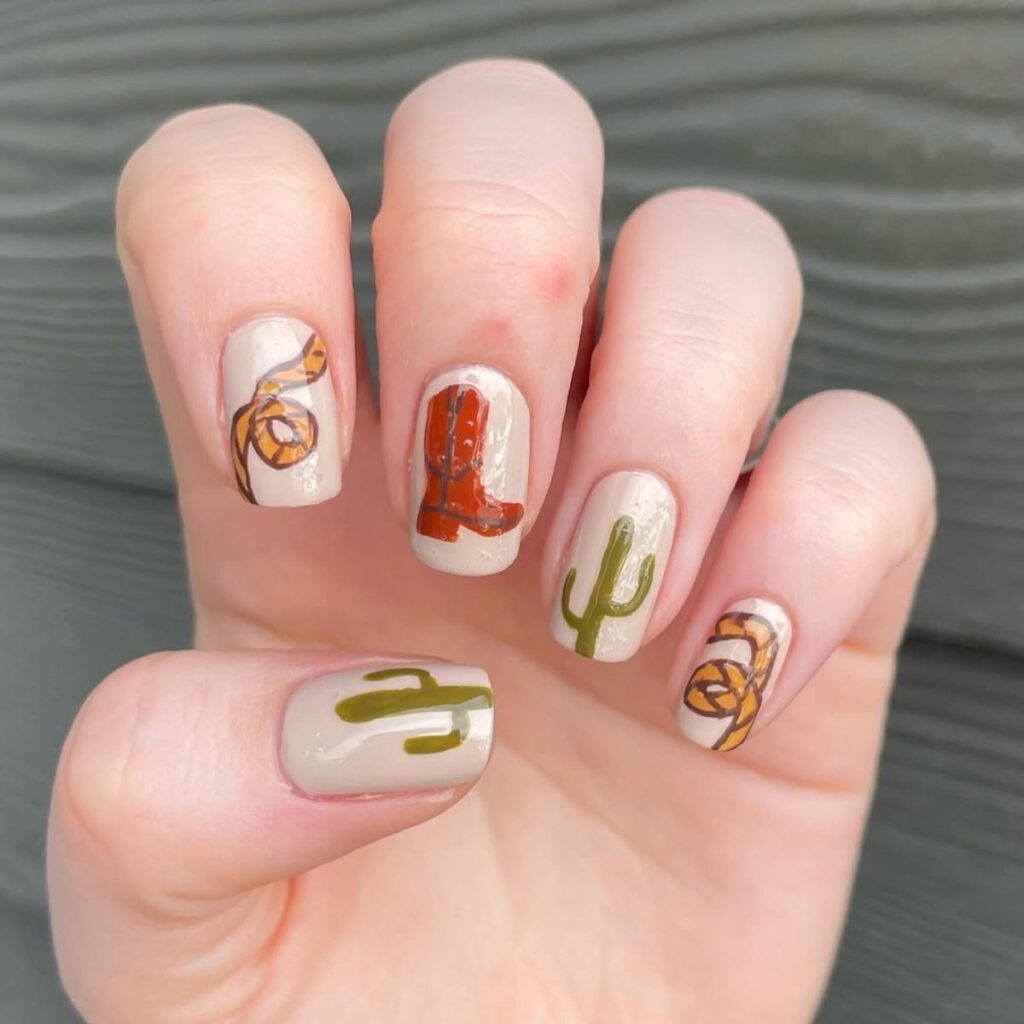 Creamy Nails with Cactus, Boots, and Snakes